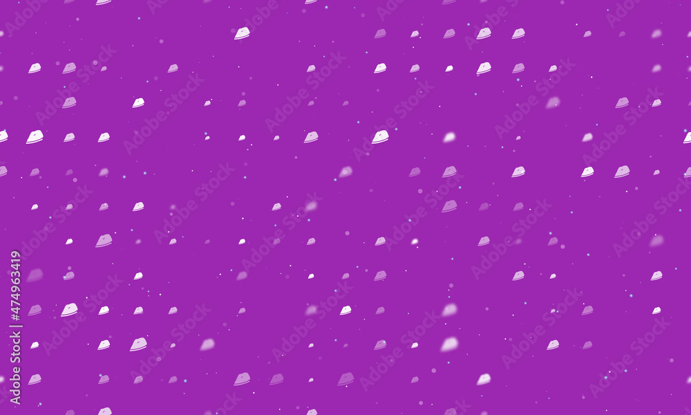 Seamless background pattern of evenly spaced white iron symbols of different sizes and opacity. Vector illustration on purple background with stars