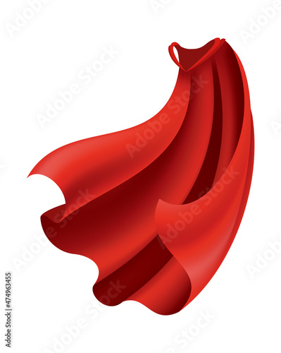 Superhero red cape. Scarlet fabric silk cloak in front view. Carnival masquerade dress, realistic costume design. Flying Mantle costume