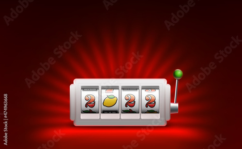 2022 Happy New Year casino style greeting card with slot machine. Merry Christmas Xmas pokies, slot machine design banner. New year 2022 gambling party red color poster with puggy one-armed bandit