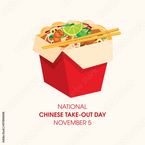 National Chinese Take-Out Day vector. Chinese food take out box with noodles icon vector. Delicious asian food design element. Chinese Take-Out Day Poster, November 5. Important day