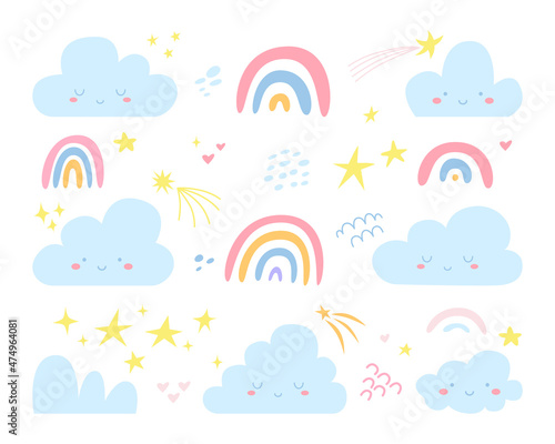 Pastel set of cute rainbows, smiling clouds, hearts and stars in cartoon scandinavian style. Perfect for kids posters greeting cards, prints, invitations, clothing. Vector illustration isolated on