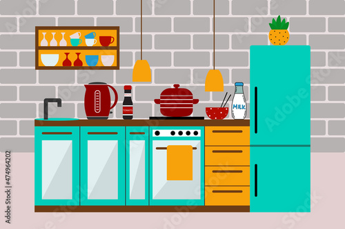 Kitchen design with furniture, home interior concept. Vector illustration in a flat style. © Olena