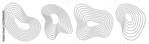 Set of 3 abstract liquid geometric shapes. Dynamical forms with lines, isolated on white background. Graphic elements. Template for poster, logo, cover design. Vector black and white illustration.