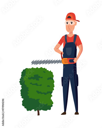 Professional gardener trimming plant with hedge trimmer. Man working in backyard. Colored flat vector illustration of worker in uniform isolated on white background