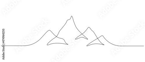 One continuous line drawing of mountain range landscape silhouette. Minimalistic skyline with mounts ridge in simple linear style. Adventure winter sport concept isolated. Vector illustration