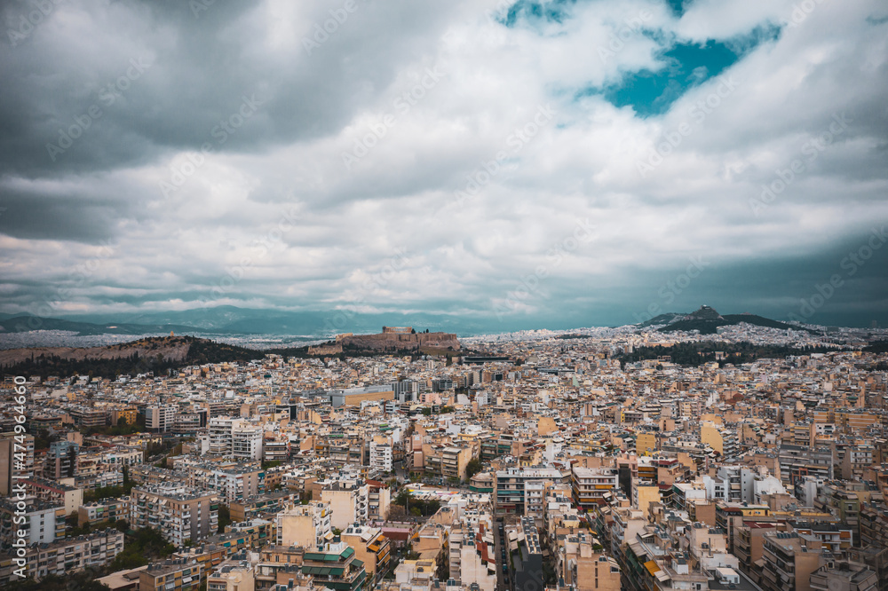 Aerial view of Athens Greece downtown with cloudy weather at autumn.