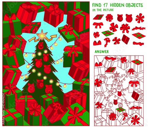 Find hidden objects in the Christmas puzzle for kids. Christmas tree and many gifts boxes around. Educational game. Hand drawn vector.
