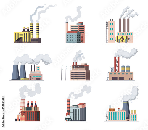 Icon set of industrial factory. Manufactory industrial buildings refinery factorys or nuclear power stations. Complex of chemical plants buildings isolated on white background