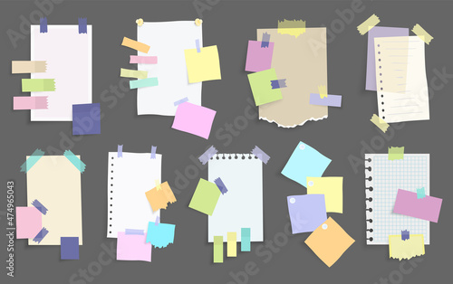 Paper notes stickers. Set of different vector note papers. Blank of multicolor stickers. Sticky sheets of various colors and size vector illustration