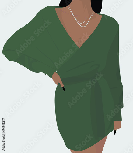 A girl in a warm green dress with a belt, a silver chain around her neck, black manicure and black hair. Vector flat image. Design for cards, posters, avatars, textiles.