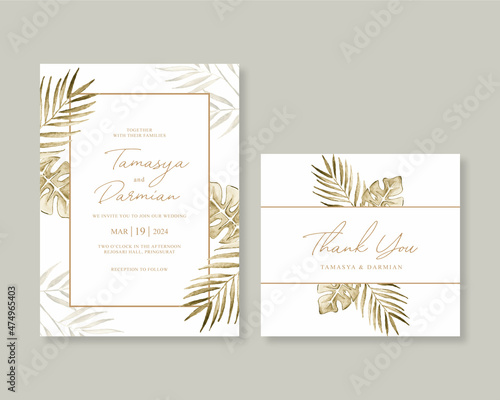 Elegant wedding invitation template with watercolor leaves