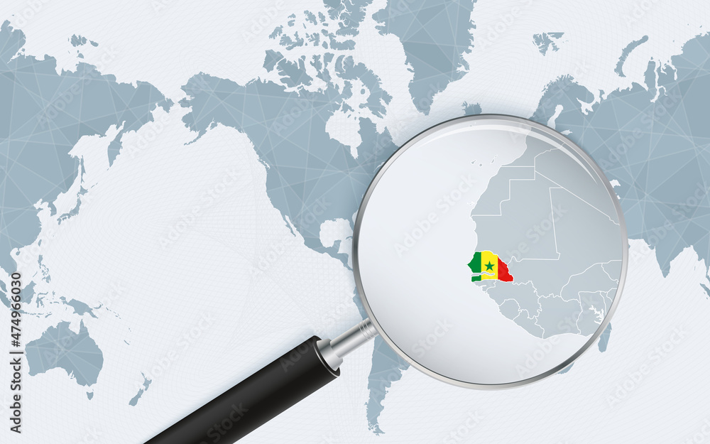 Enlarged map of Senegal on America centered World Map. Magnified map and flag of Senegal. Enlarged map of Senegal on America centered World Map. Magnified map and flag of Senegal.