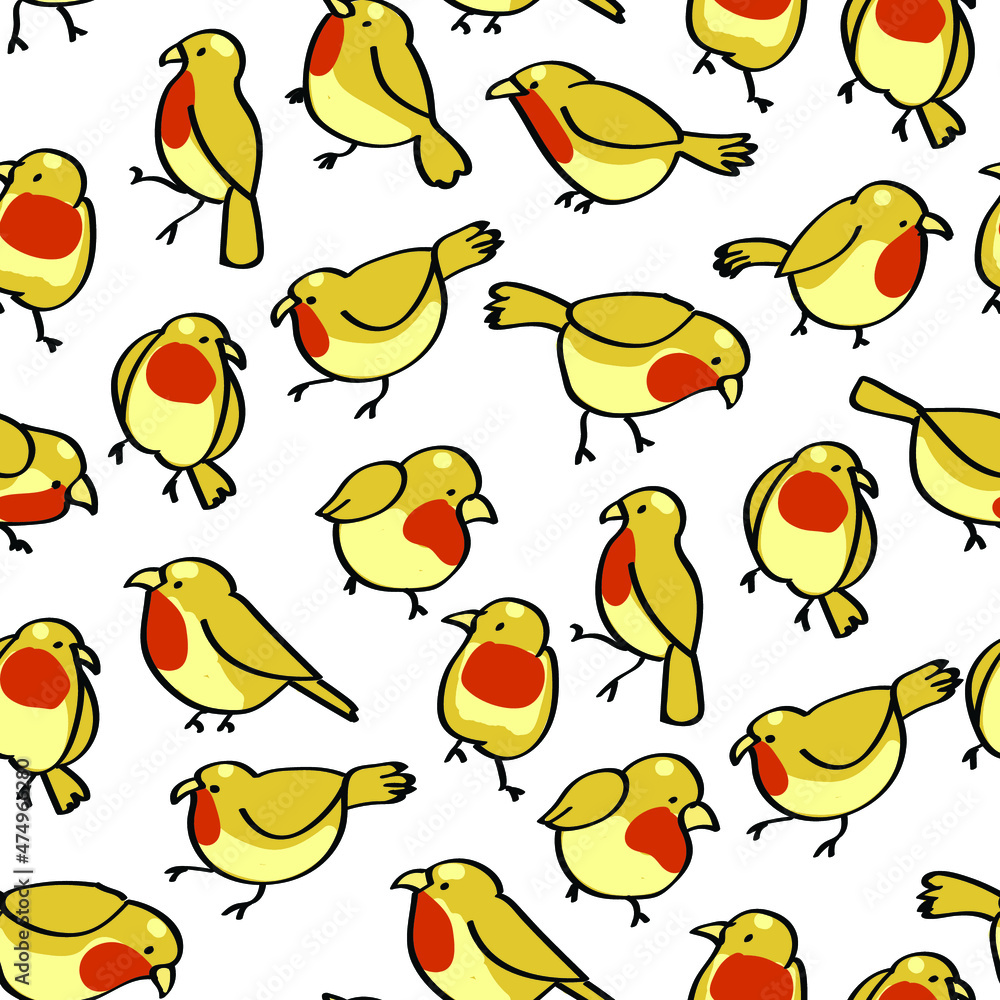 Fototapeta premium Yellow birds, fashion, cartoon vector seamless pattern isolated on bright background. Concept for wallpapers, cards, print
