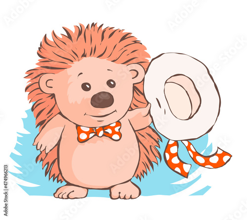 Little cute hedgehog with a hat in his hand. Waving goodbye or greeting. A fairy tale about friendship. Character for a postcard. Vector cartoon illustration