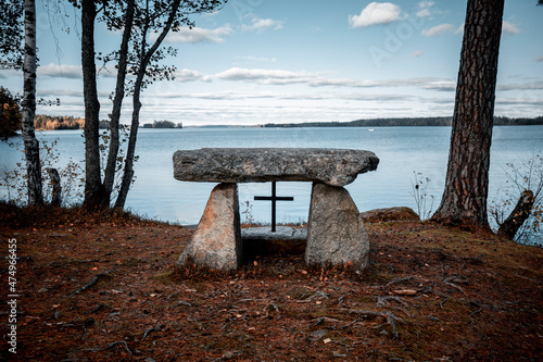 Leinwand Poster Stone Christian altar outdoors by a lake at Ohs, Värnamo, Sweden