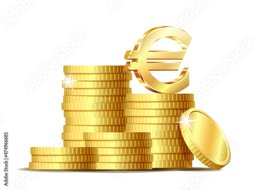 Stack of coins with Shiny golden Euro currency symbol.