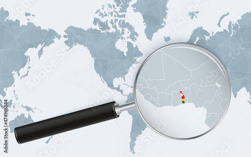 Enlarged map of Togo on America centered World Map. Magnified map and flag of Togo.