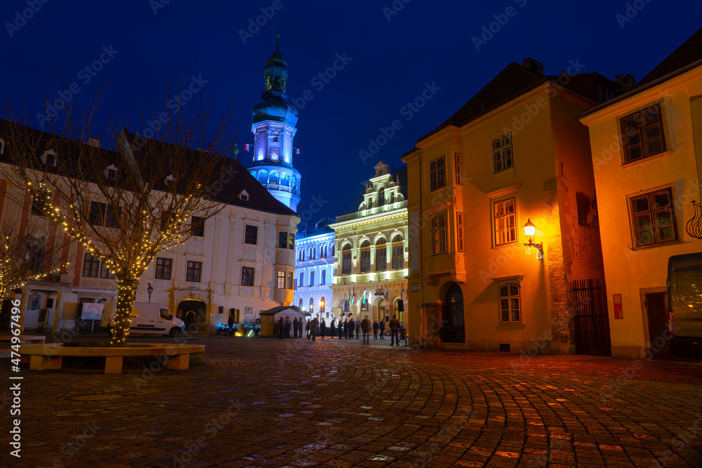 Illumanated Sopron Main Square christmas winter time