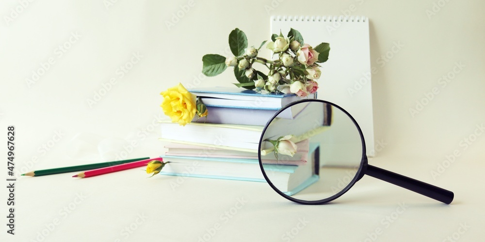 A stack of books with bookmarks of flowers, roses, a magnifying glass, pink and pastel colors, on a light background, the concept of romantic congratulations, postcard A stack of books with bookmarks of flowers, roses, a magnifying glass, pink and pastel colors, on a light background, the concept of romantic congratulations, postcard