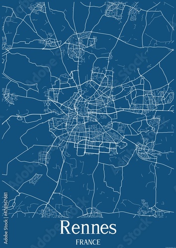 Blue map of Rennes France.