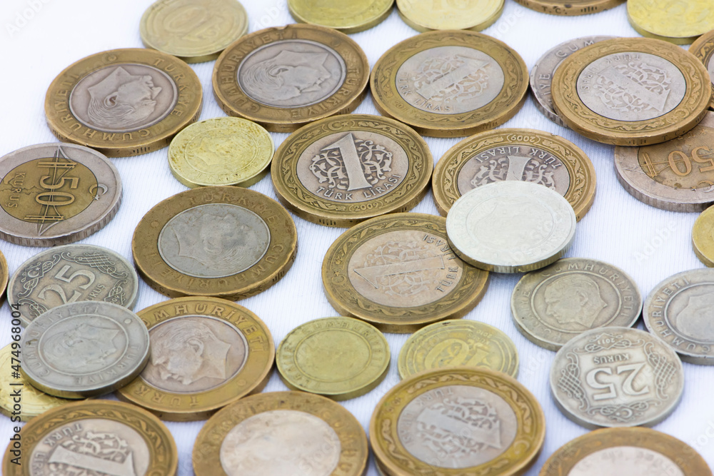 Turkish lira metal coins savings on the white background Turkish lira metal coins savings on the white background