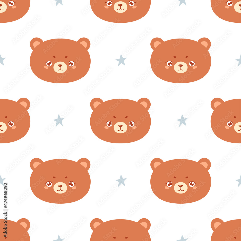 Seamless pattern with cute bear face and stars. Childish background for fabric, textile, wrapping paper. Vector hand drawn illustration.