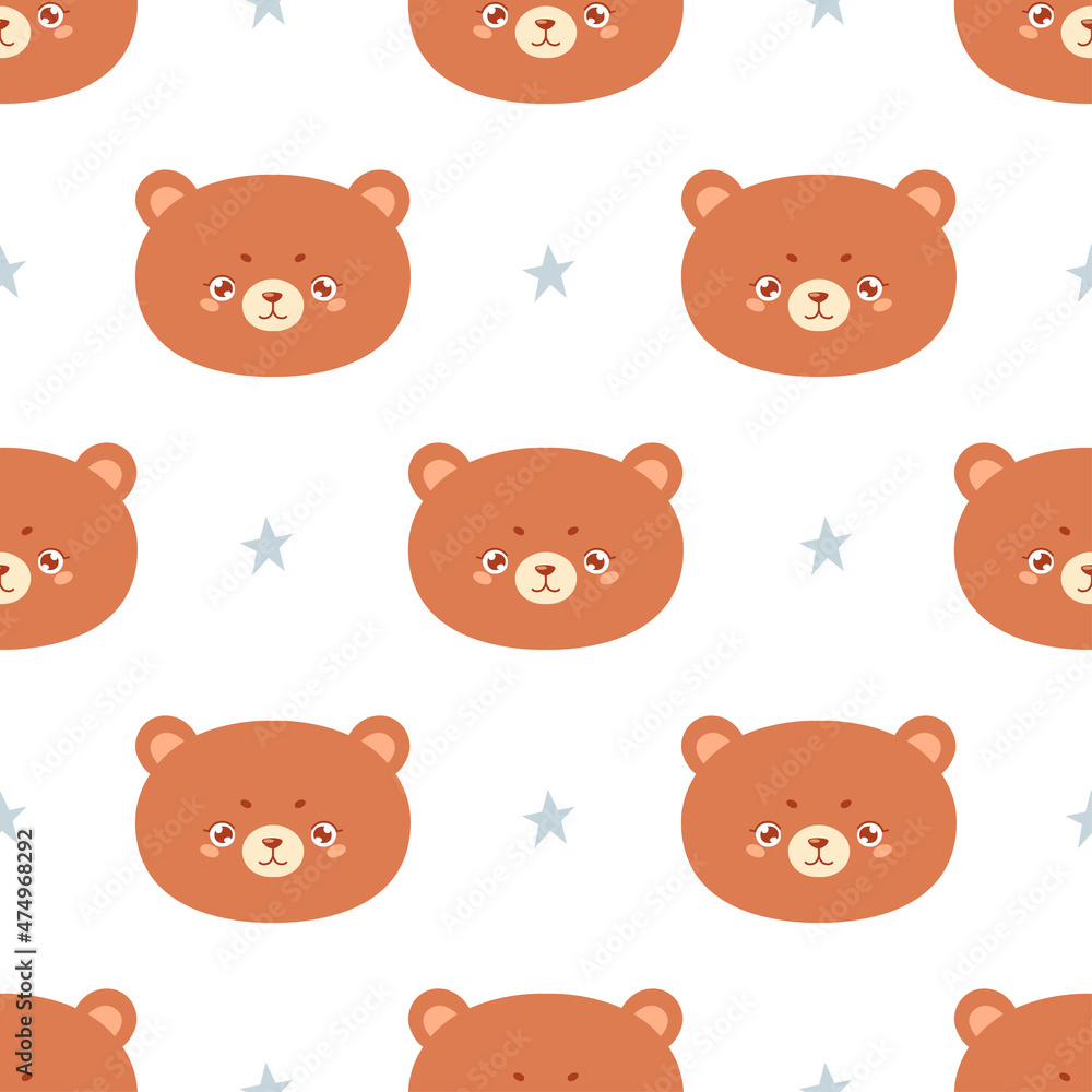Seamless pattern with cute bear face and stars. Childish background for fabric, textile, wrapping paper. Vector hand drawn illustration. Seamless pattern with cute bear face and stars. Childish background for fabric, textile, wrapping paper. Vector hand drawn illustration.