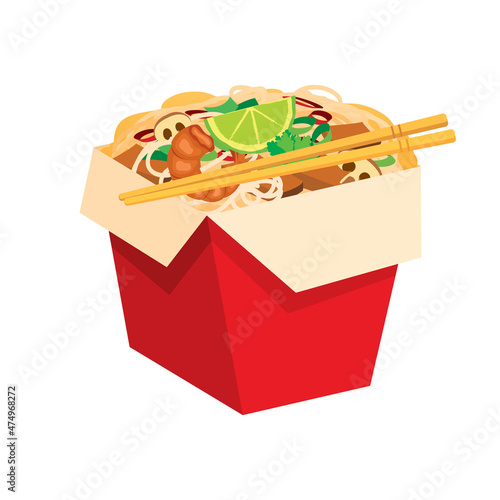 Chinese food red take out box with noodles icon vector. Delicious asian food design element isolated on a white background. Asian restaurant take out box with chopsticks vector