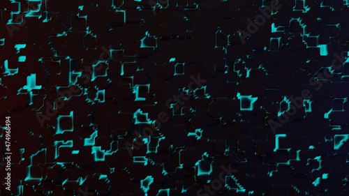 background of black shapes with unusual geometry with cyan lines. 3d render