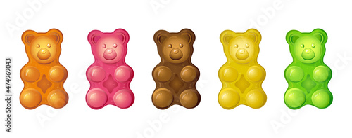 Jelly bear cola set. Vector graphic illustration. Isolated iconr collection. White background. Sweet food. Kids texture. Liquid color.