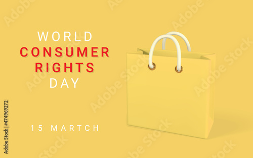 World Consumer Rights Day poster with 3d yellow shopping bag. Vector illustration