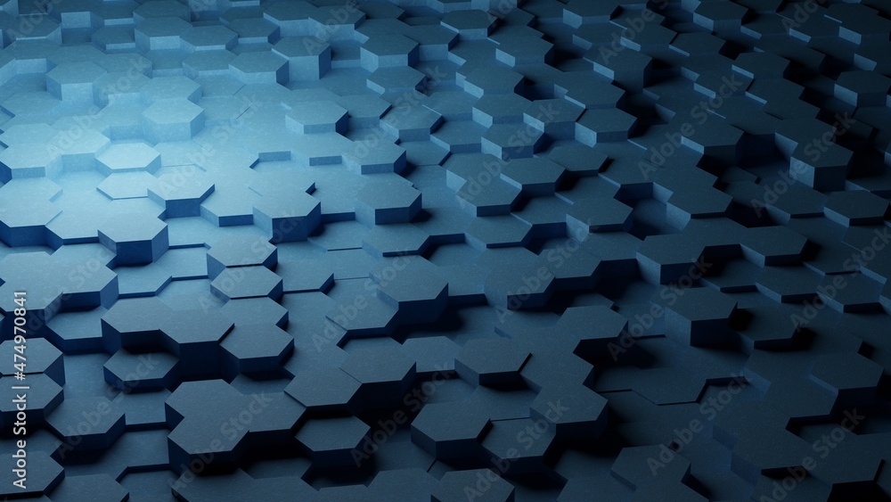 Blue hexagon background pattern 3D rendering. Abstract honeycomb background vector illustration. Light and shadow. Surface polygon pattern with glowing hexagons. Futuristic background Illustration