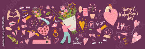 Valentine's Day! February 14. Set of vector illustrations. Simple, minimalistic, holiday cards.