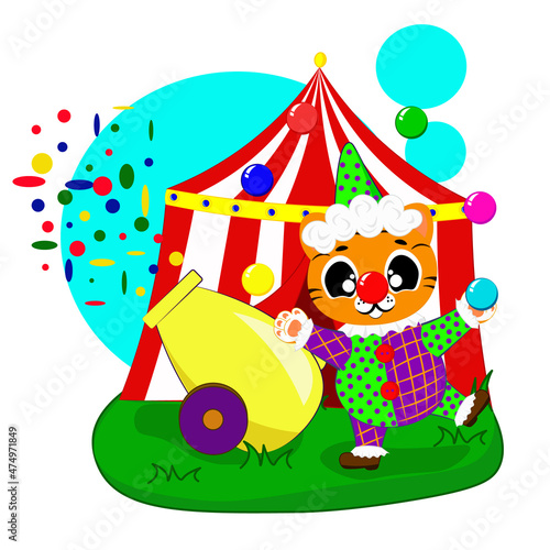 A cute tiger in a clown costume juggles balls in the circus