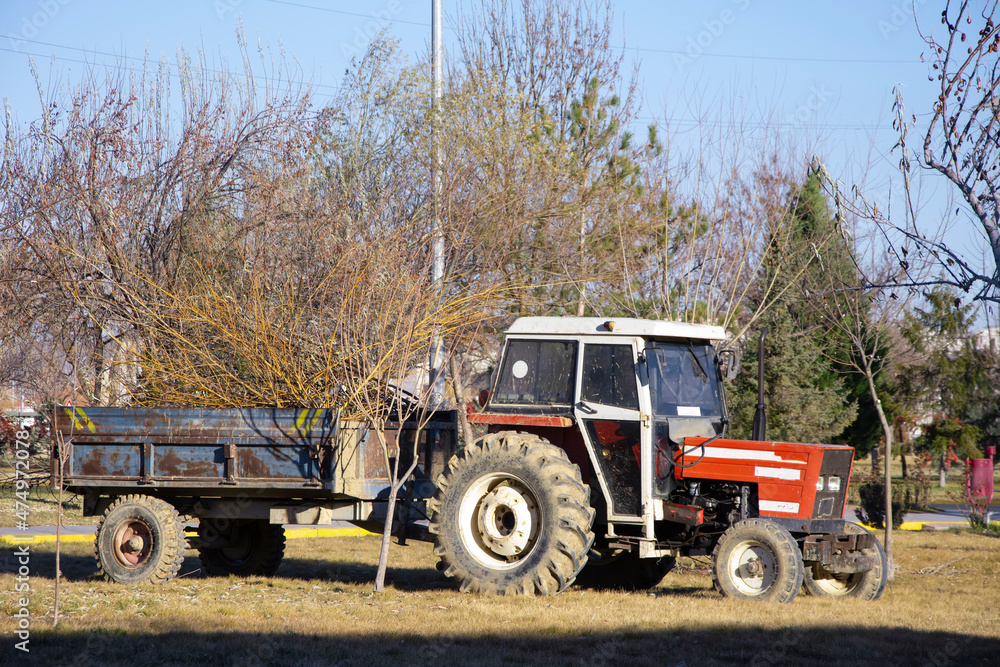 Tractor with trailer filled with old branches parked in the park Tractor with trailer filled with old branches parked in the park