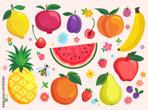 Set of funny hand drawn isolated fruits,berries.Sweet summer treat,tasty food for kids:lemon,pomegranate,plum,peach and cherry,orange,blueberry,raspberry,apple,pear, pineapple,strawberry,banana.Vector