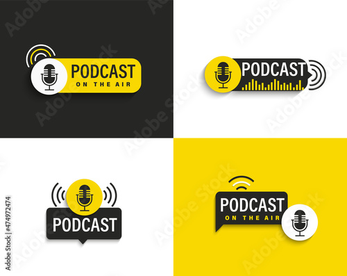Set podcast symbols,icons,logos in black and yellow with studio microphone. Emblems for broadcast,news and radio streaming.Template for shows,live performances.Dj audio podcasting.Vector illustration.
