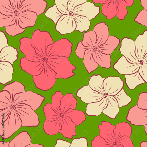 Beautifull tropical flowers and leaves seamless pattern design. Seamless pattern with spring flowers and leaves. Hand drawn background. floral pattern for wallpaper or fabric. Botanic Tile.