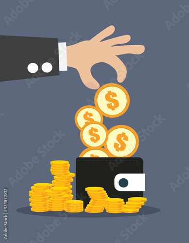 hand puts a lot of dollar coins in the wallet eps10