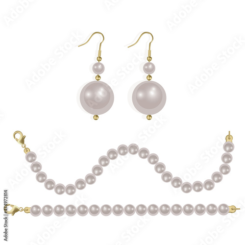 White pearl beads and pearl earrings, realistic illustration in vector format