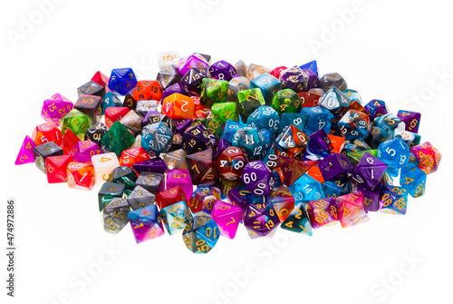 Pile of multicolored dice isolated on white