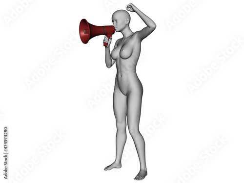 A naked woman stands with a megaphone in her hand on a white background