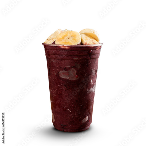 Brazilian Frozen Açai Berry Ice Cream Smoothie in plastic cup with Bananas. isolated on white background. Front view for menu and social media
