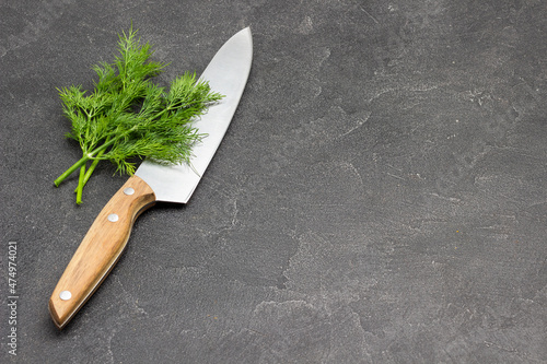 Kitchen knife and dill sprigs.