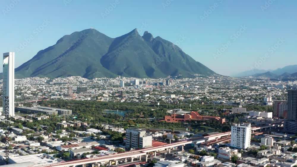 Cerro de La Silla and parc Fundidora in Monterrey Mexico. Aerial drone view.
