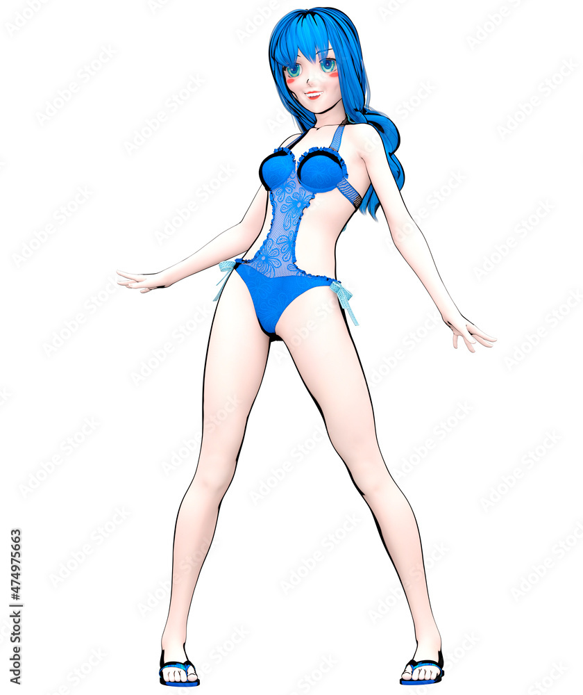 3D comics cosplay anime girl in swimsuit.
