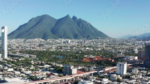 Cerro de La Silla and parc Fundidora in Monterrey Mexico. Aerial drone view. photo