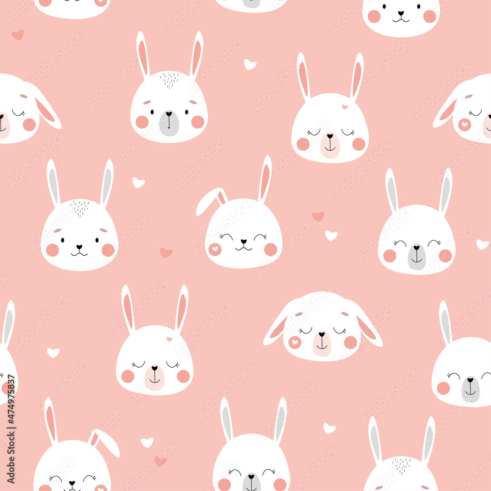 Seamless pattern with cute funny bunnies. The head of rabbits with hearts on a pink background. Children's ornament for textiles, fabrics. Vector graphics.