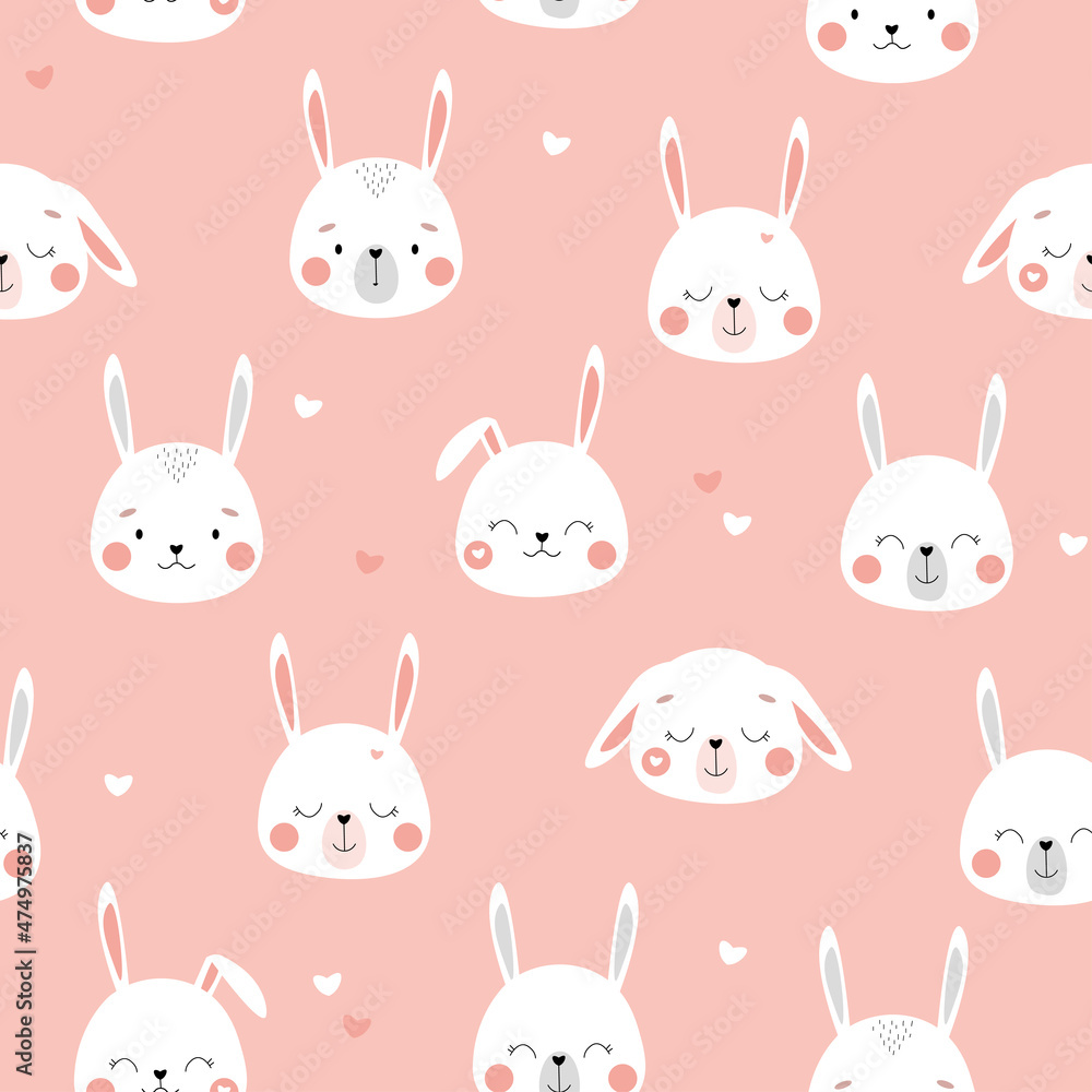 Seamless pattern with cute funny bunnies. The head of rabbits with hearts on a pink background. Children's ornament for textiles, fabrics. Vector graphics. Seamless pattern with cute funny bunnies. The head of rabbits with hearts on a pink background. Children's ornament for textiles, fabrics. Vector graphics.