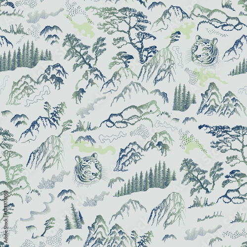 Green, blue and grey colored seamless pattern of hand drawn sketches in Japanese and Chinese illustration tradition. Nature, mountain, fir, pine tree, tiger head, river, rock on a white background photo